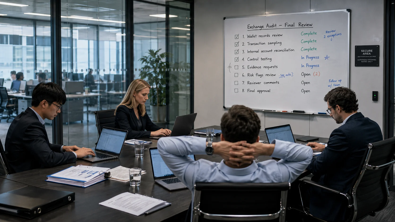 Audit team reviewing blockchain audit tasks in a glass-walled institutional meeting room.