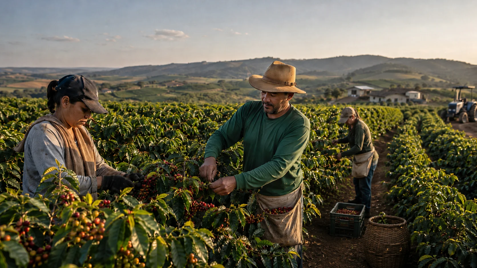 Coffee producers harvesting ripe coffee cherries on a farm in Minas Gerais, Brazil