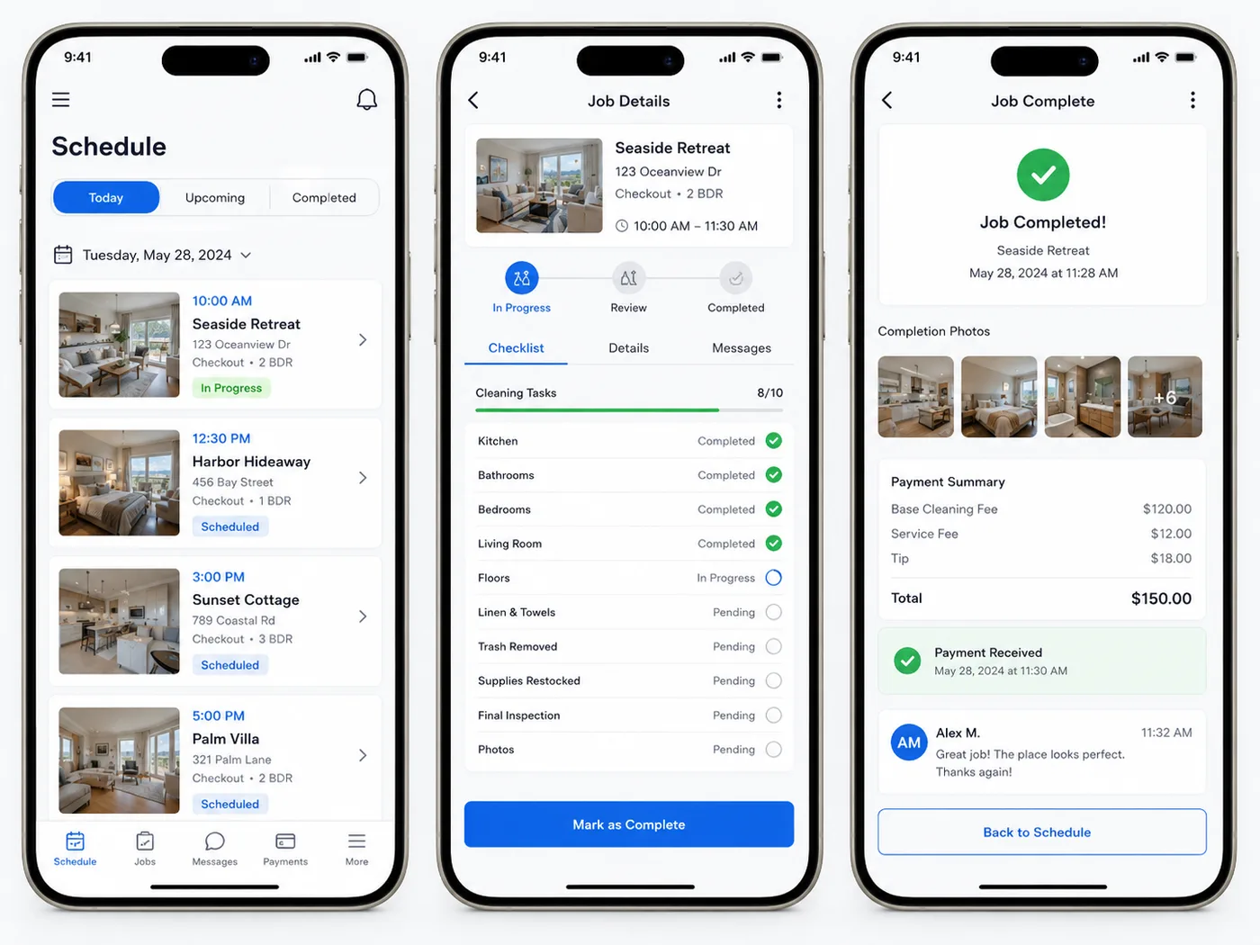 Mobile app interface showing short-term rental cleaning schedules, job checklist, completion photos, messages, and payment confirmation.