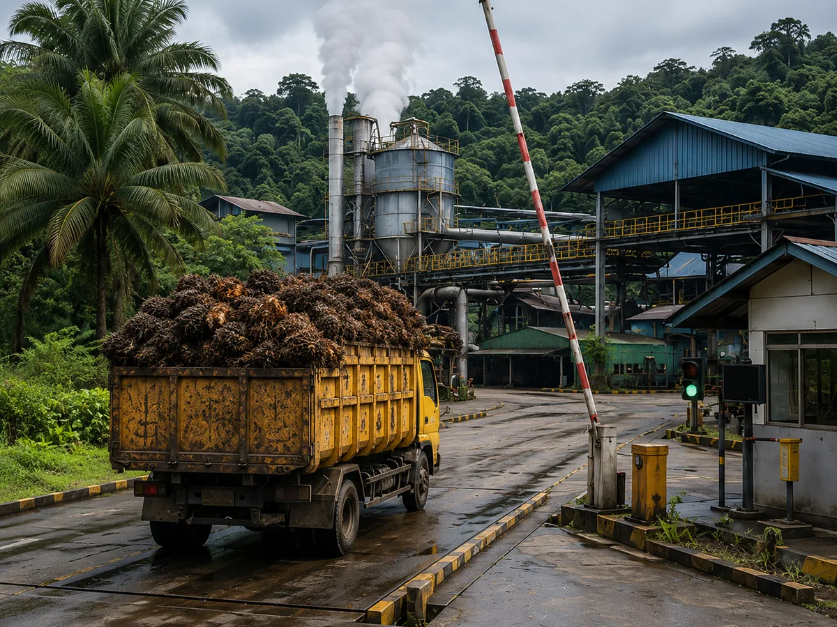 Loaded truck carrying palm oil biomass entering a palm oil mill facility in a tropical industrial setting.